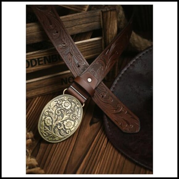 Western Cowgirl Belt Floral Embossed PU Leather Waist Belt for Jeans - Picture 2 of 3